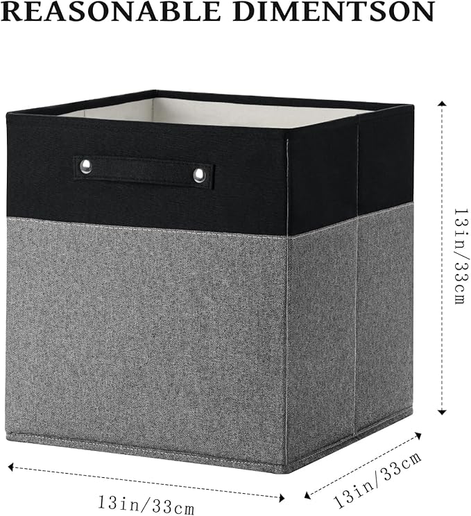 FinishingBo 13 x 13 Inch Fine Linen Storage Bins with Handles，Fabric Cube Boxs，Basket Organizers for Shelves for Home, Closet Drawers (Black/Gray-4 Pack)