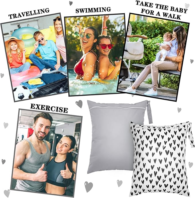 Shappy 2 Pack Large Travel Laundry Bags, Large Wet Dry Waterproof Dirty Clothes Bag for Suitcase, Swimsuit Beach Gym College Dorm Wet Bag(Solid Gray, Heart)