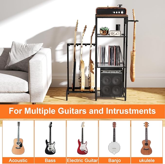 Multi Guitar Stand Rack, Guitar Stand with 4 Holder Position for Acoustic, Electric Guitar, Bass, Guitar Rack for Multiple Guitars with 4 Tier Storage Shelves for Guitar Amp Accessories