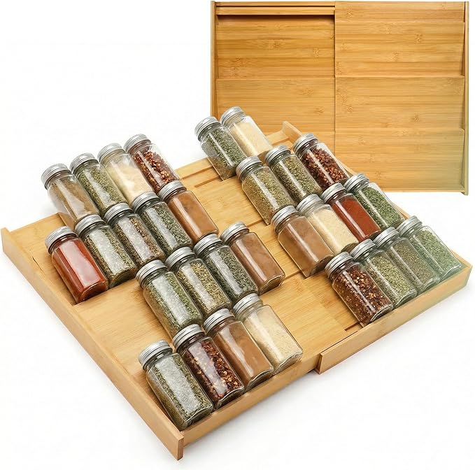 Expandable Bamboo Spice Drawer Organizer – Adjustable Tiered Spice Rack Insert for Kitchen Drawer – Premium Bamboo Seasoning Organizer for Drawer Storage (Need 3" Deep Drawer)