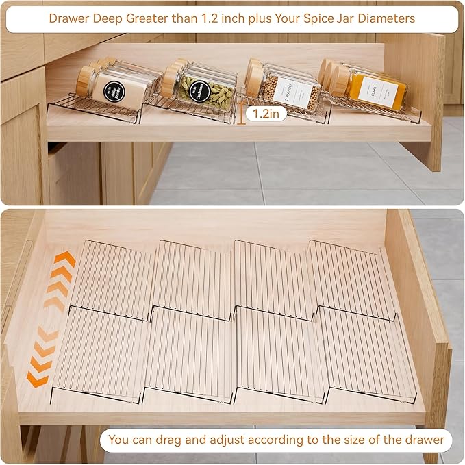 LETGO 4 Pack Adjustable Spice Rack for Drawer - 9" to 17.7" Expandable Spice Drawer Organizer 4 Tier Acrylic Seasoning Organizer Rack,Clear Spice Rack Tray for Spices,Condiment,Nail Polish and Jar (4)