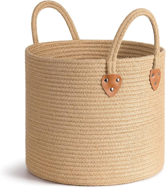 CHICVITA Jute Laundry Basket With Handles, Wicker Basket for Kids Blankets Toys Clothes Shoes, Baby Hamper for Nursery Boho Decor, Plant Baskets Indoor, 14" X 14" X 12", Jute Brown