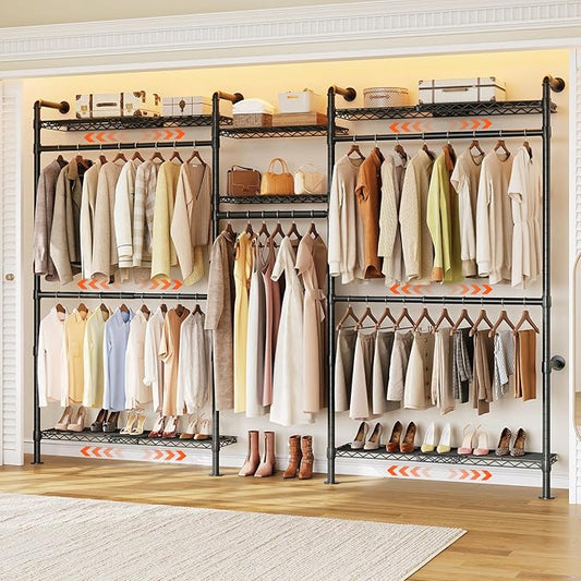 ONBRILL H3 Plus Expandable Wall Mounted Closet System, 5.7FT-8.2FT Closet Organizer with 4 Telescopic Shelves & 5 Adjustable Rods, Industrial Pipe Clothing Rack for Walk-in & Reach-in Closet (Black)