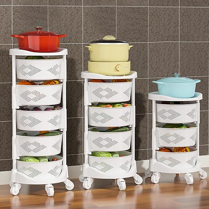 5 Tier Kitchen Storage Cart Multi-Layer Storage Basket with Wheels Fruit Vegetable Storage Shelves Racks Rolling Storage Cart for Kitchen Living Room Bedroom, White (5 Tier)