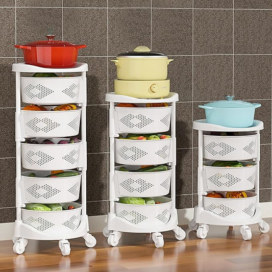5 Tier Kitchen Storage Cart Multi-Layer Storage Basket with Wheels Fruit Vegetable Storage Shelves Racks Rolling Storage Cart for Kitchen Living Room Bedroom, White (5 Tier)