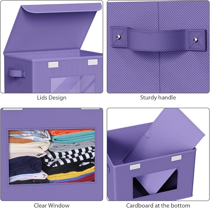 Univivi Storage Bins with Lids [4-Pack] Fabric Lidded Storage Baskets Stackable Closet Storage Bins, Closet Organizers and Storage with Lid & Clear Window for Home, Office, Bedroom (Purple)