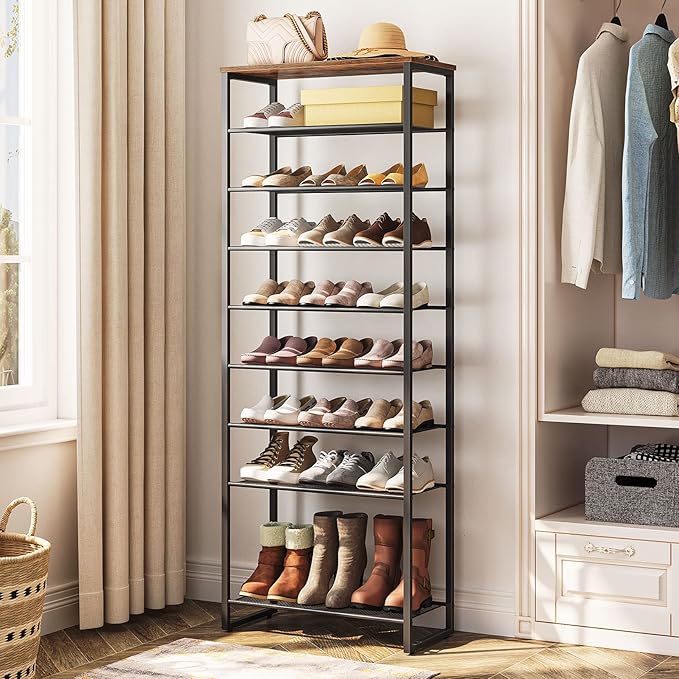 HOOBRO 10-Tier Shoe Rack for Entryway, 23.6" L Shoe Storage Organizer, Large Capacity Shoe Shelf for Closet, Front Door Entrance, Hallway, Holds 27-30 Pairs of Shoes, Rustic Brown and Black BF601XJ01