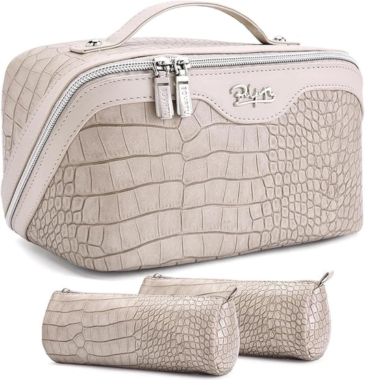 BOYATU Travel Makeup Bag Cosmetic Bags for Women: 3 Pcs Set Large Capacity Make up Bag with Handle - Crocodile Pattern Vegan Leather Toiletry Bags Travel Essentials with Compartments(E-5-Apricot)