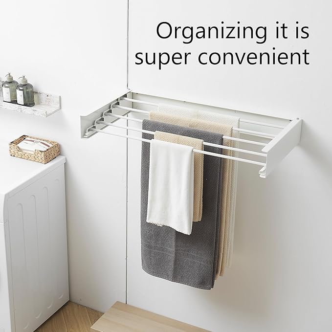 RFOUO Clothes Drying Rack, Laundry Hanging Rack Collapsible, Wall Mounted Drying Rack for Laundry, Foldable Drying Rack Indoor Outdoor, 31.5" Wide, 5 Aluminum Rods, 60 lb Capacity (White 31.5")