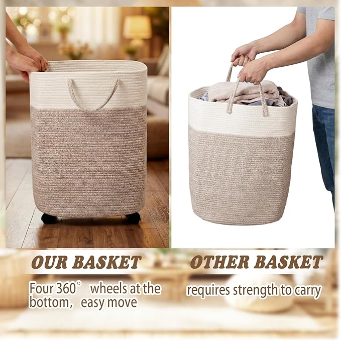 LemonRoad Woven Laundry Basket with Wheels 65L Cotton Rope Laundry Woven Hamper Nursery Storage Basket for Toys Large Dirty Clothes Blankets Bedroom Rice Brown