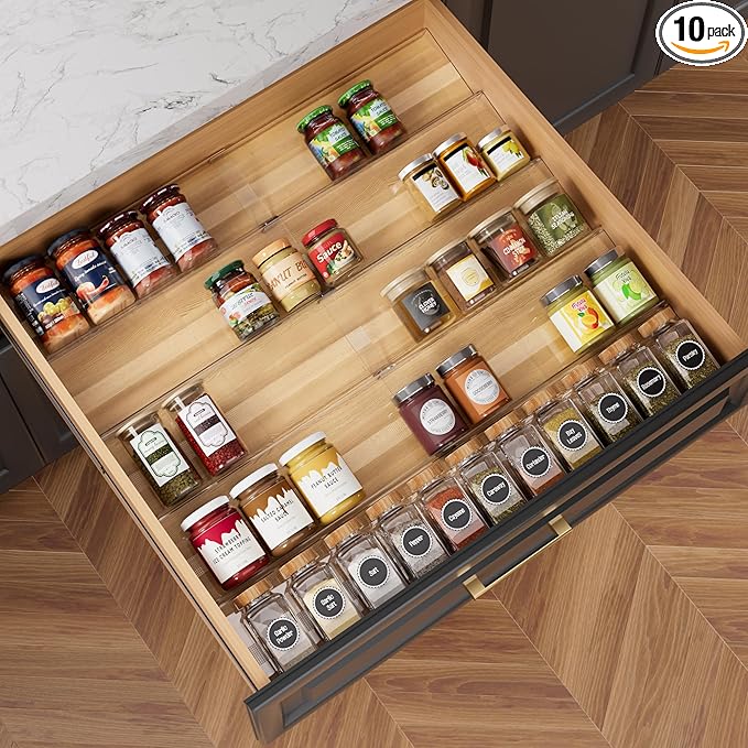 10-Pack Adjustable Spice Drawer Organizer, Expandable Seasoning Rack Tray (13" to 26"), Acrylic Spice Drawers Insert with Anti-Slip Mat, for Kitchen Cabinet (Jars not included)
