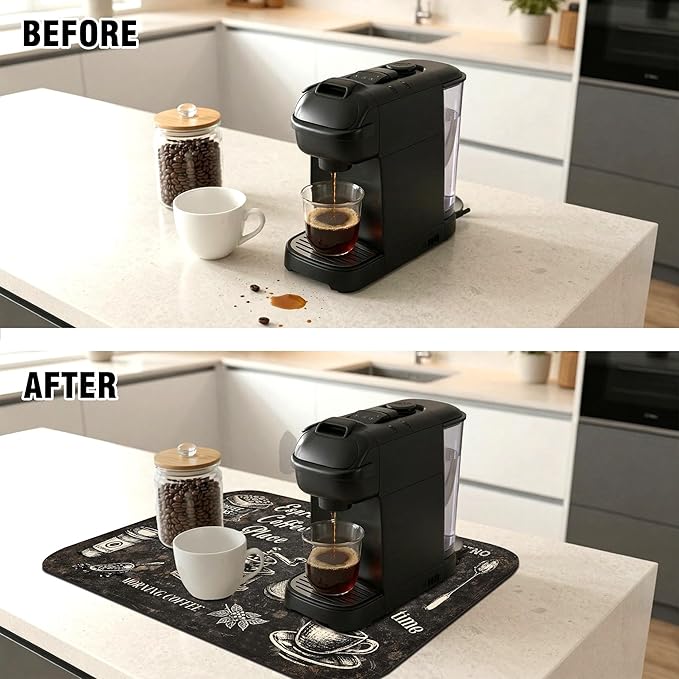 Vintage Coffee Blueprint Coffee Bar Mat 12" x 19", Absorbent Quick-Dry Coffee Drying Mat, Non-Slip Waterproof Countertop Protector for Coffee Station, Espresso Machine