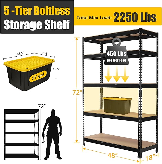 PrimeZone 48" W x 18" D x 72" H Garage Shelving Heavy Duty - Adjustable Metal Storage Shelves, 5 Tier Industrial Shelving Unit, Utility Shelf Rack for Basement, Warehouse, Pantry, Closet, Black, 2Pack
