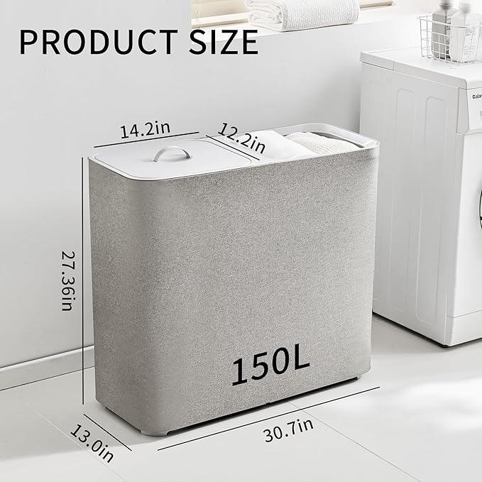 Laundry Hamper with Lid and Removable Laundry Bags, Large 2 Dividers Dirty Clothes Basket for Bedroom, Laundry Room, Bathroom