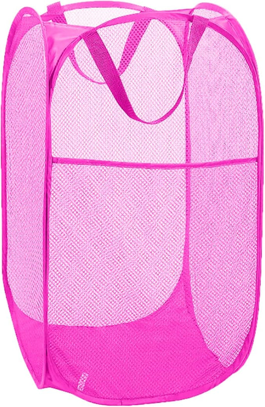 Pop Up Laundry Hamper, Portable Mesh Laundry Basket, Collapsible Clothes Storage Bin for Bedroom, Dormitory, Travel, Home, Rose Red