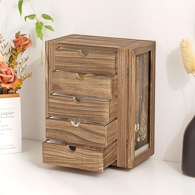 Emfogo 360° Rotating Jewelry Box for Women, Rustic Wooden Jewelry Organizer Box with 5 Drawers, Glass Doors, Vertical Open Design Jewelry Storage Case Display for Earrings Rings Necklaces Bracelets