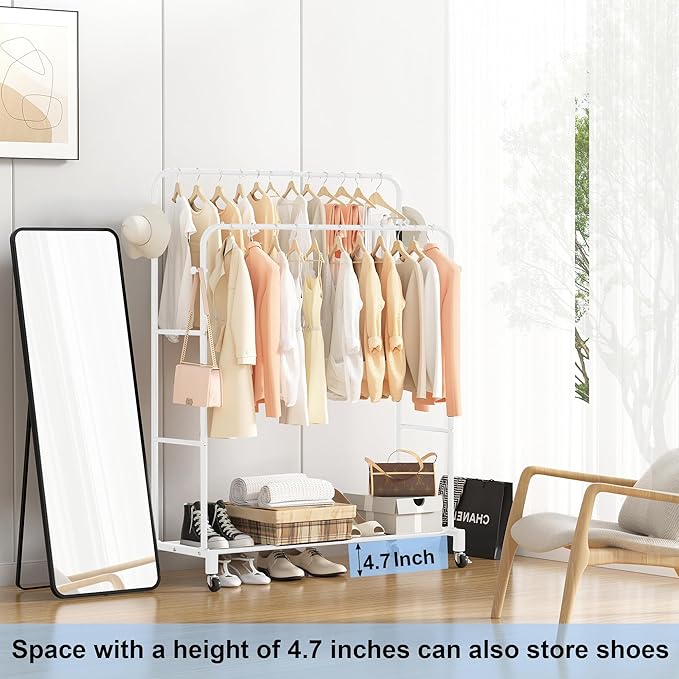 Sooyee Double Rod Clothing Rack with Wheels,3 Tier Garment Racks for Hanging Clothes,Portable Clothes Rack with 4 Hooks for Bedroom,Laundry Room,White
