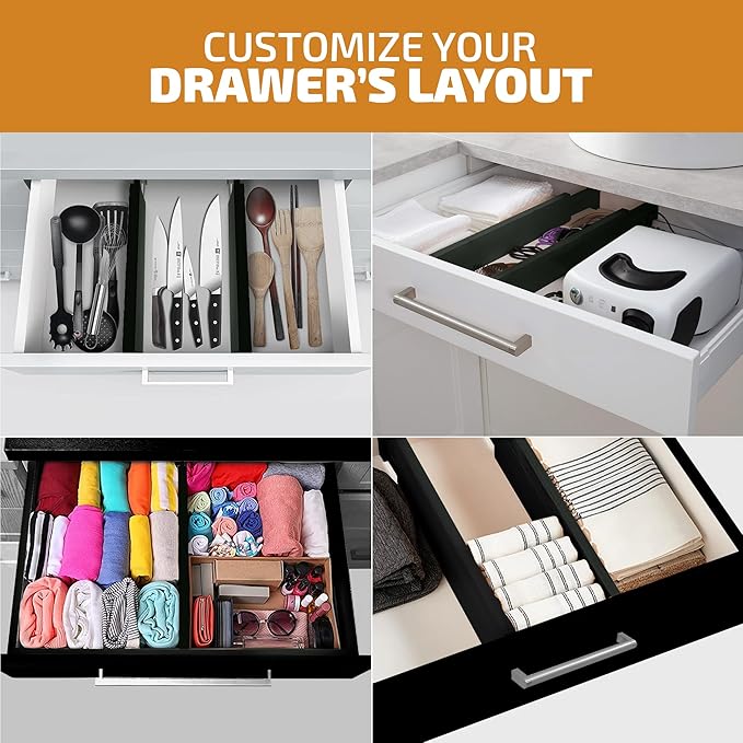 4-Pack Black Drawer Dividers - Fits Drawers 12.2 to 17.3 Inches Deep, 2.6 Inch High, 0.6 Inch Thick, Adjustable Bamboo Drawer Organizers Separators for Dresser Clothes, Kitchen, Bathroom, Home, Office