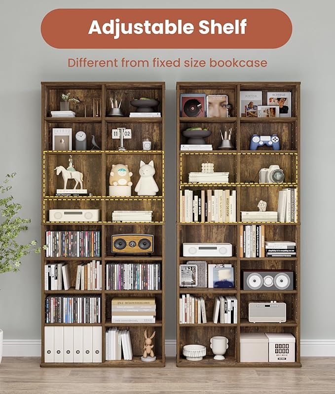 DVD Storage Tower, 16 Shelf Multimedia Storage Tower with Adjustable Shelves 8-Tier CD Cabinet for Living Room Home Office