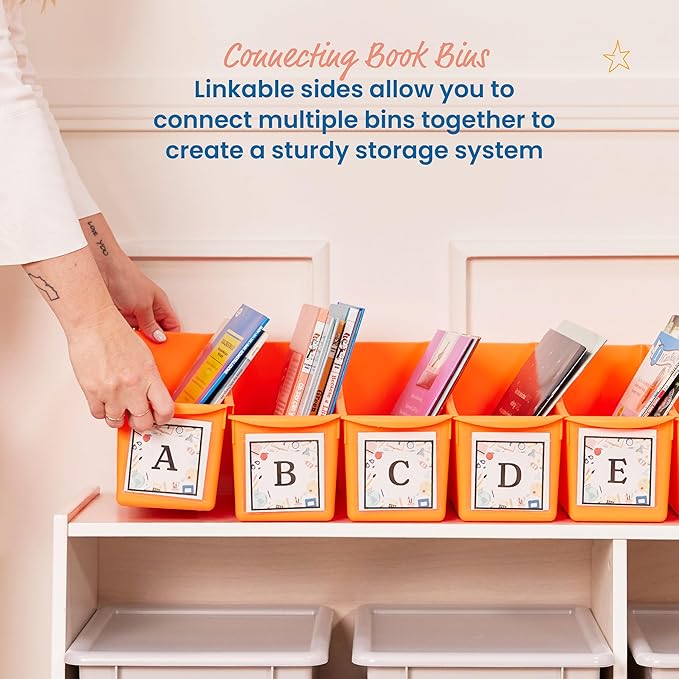 ECR4Kids Linking Plastic Storage Book Bin, Multipurpose Organization, Neon Orange, 10-Piece