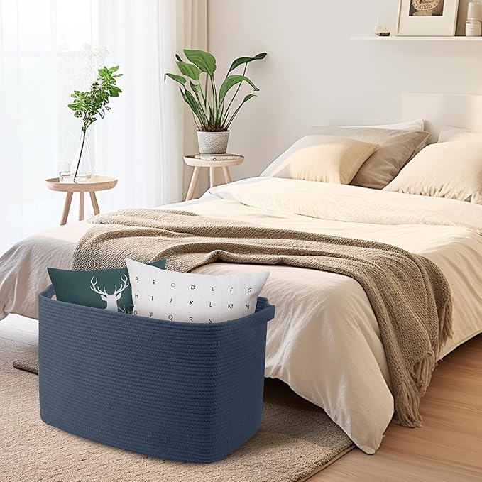 MEGASKET Extra Large Rectangle Storage Basket, 23.6" x 17" x 12" Dark Blue Blanket Storage for Living Room, Large Woven Cotton Rope Storage Box, Soft Kids Toy Basket Organizer Bin, Big Wicker Basket