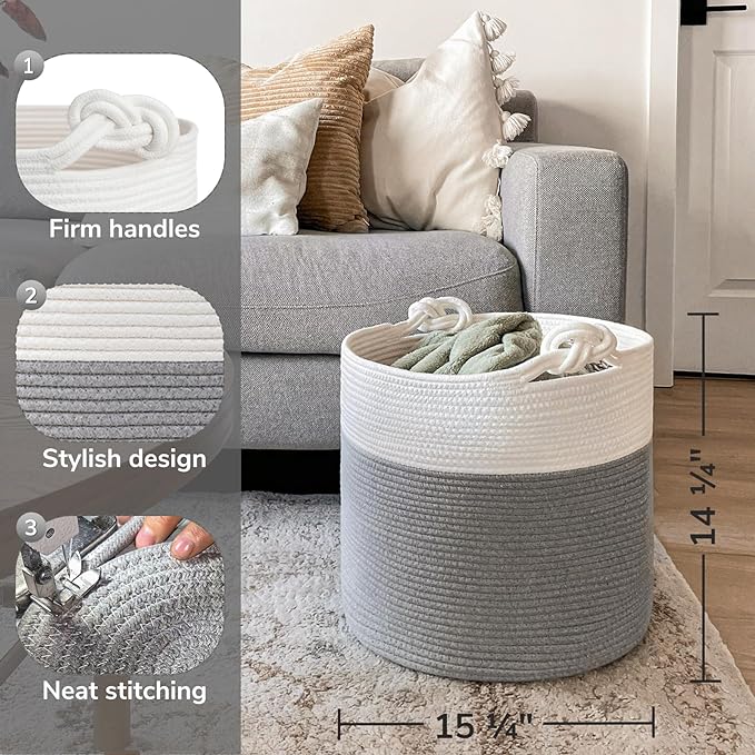 Goodpick Cotton Rope Storage Basket, 15 x 14.2 Inches Baby Laundry Baskets for Clothes, Toy Storage Blanket Basket With Handles for Living Room, Small Woven Baskets for Organizing Home Décor, Grey