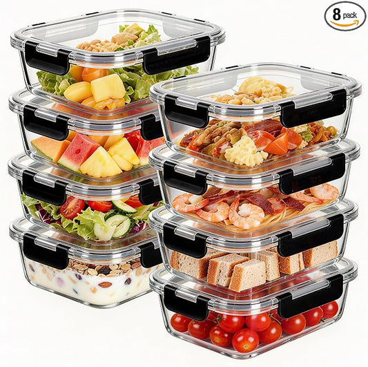 8-Piece 36oz Glass Meal Prep Container Set Clear Glass Food Storage Containers Set, Airtight Food Storage Containers for Coffee, Sugar, Flour, Spices, BPA-Free