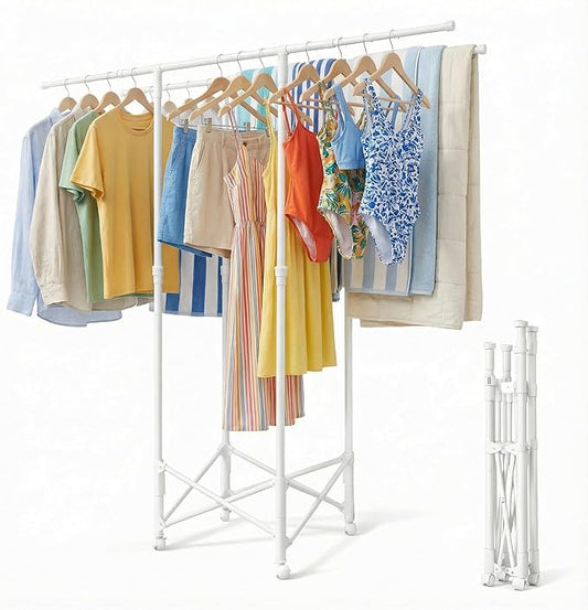 Clothes Drying Rack, Double Rod Extendable 33.1–56.7 Inches, No Assembly & Foldable Clothing Rack for Hanging Clothes with Wheels, for Indoor Outdoor Laundry Room Organization, White