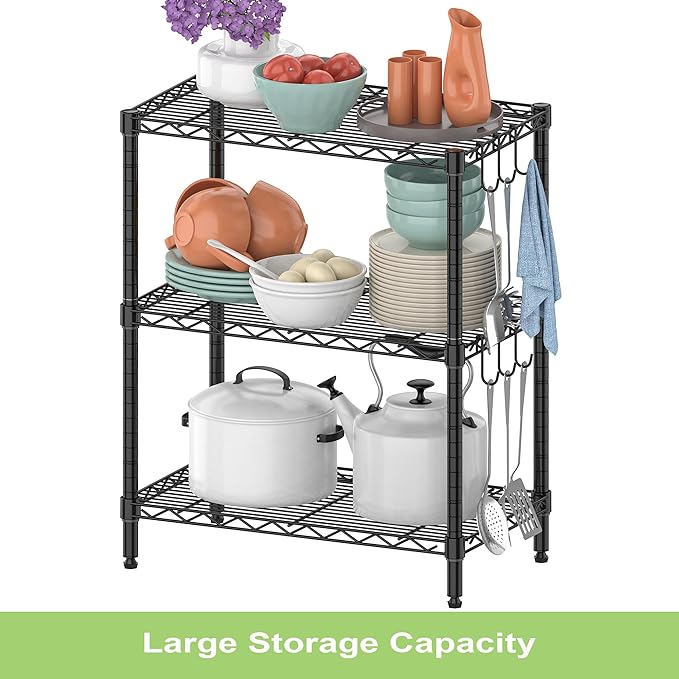 Storage Shelves Garage Wire Shelving 3 Tier Metal Wire Steel Rack Shelving Units Organizer Adjustable Utility Shelf Commercial Shelf for Kitchen Garage Pantry Laundry