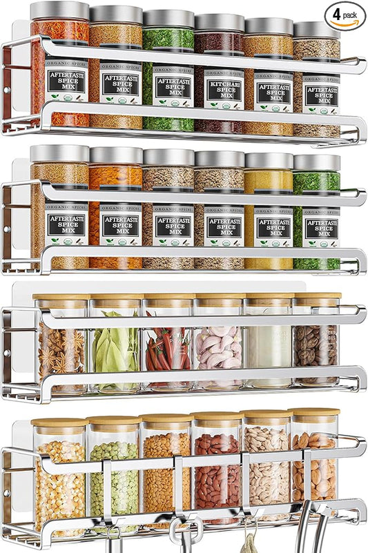 Bunoxea Spice Rack wall mounted 4 Pack, Space-Saving Spice Organizer for Spice Jars and Seasonings,Screw or Adhesive Hanging Spice Rack Organizer for Your Kitchen Cabinet,or Pantry Door,Chrome