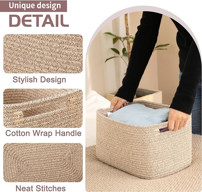 OIAHOMY 4 Pack Storage Baskets for Organizing, Cube Storage Bins for Shelves, Rectangle Storage Baskets With Handles, Woven Baskets for Storage, 12.7''Lx9''Wx7.8''H, Brown