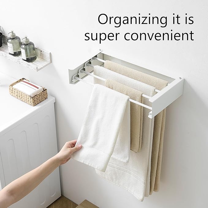 RFOUO Clothes Drying Rack, Laundry Hanger Dryer Rack, Wall Mounted Drying Rack for Laundry, Foldable Drying Rack Indoor Outdoor, 19.7" Wide, 4 Aluminum Rods, 40 lb Capacity (White 19.7")