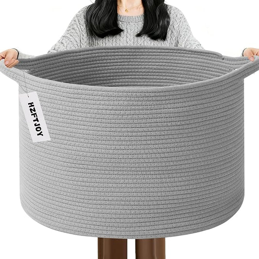 65L Large Blanket Basket,Woven Rope Laundry Basket Hamper with Handles,Decorative Nursery Basket Storage Bin for Toys, Pillows , Clothes Organizer, Living Room, Bedroom, Bathroom, Light Gry