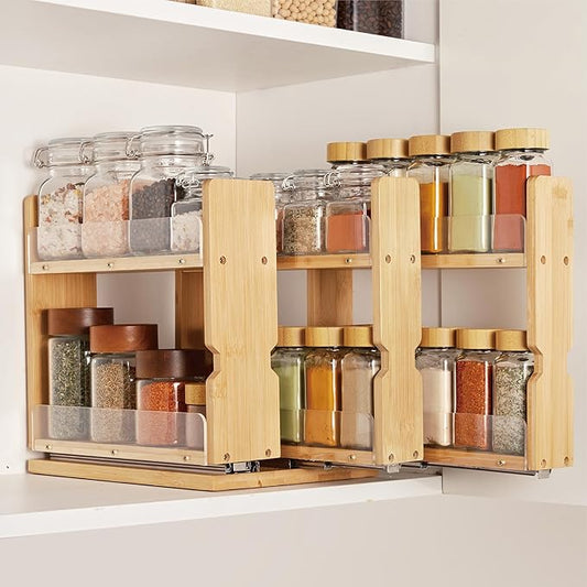 Bamboo Pull Out Spice Rack Organizer for Cabinet, 3 Slide-Out Drawers(2"&3") with Wide Drawer for Large Bottles, Kitchen Pantry Heavy-Duty Sliding Vertical Organization, 8.6"W,2-Tier,No Drill,Natural