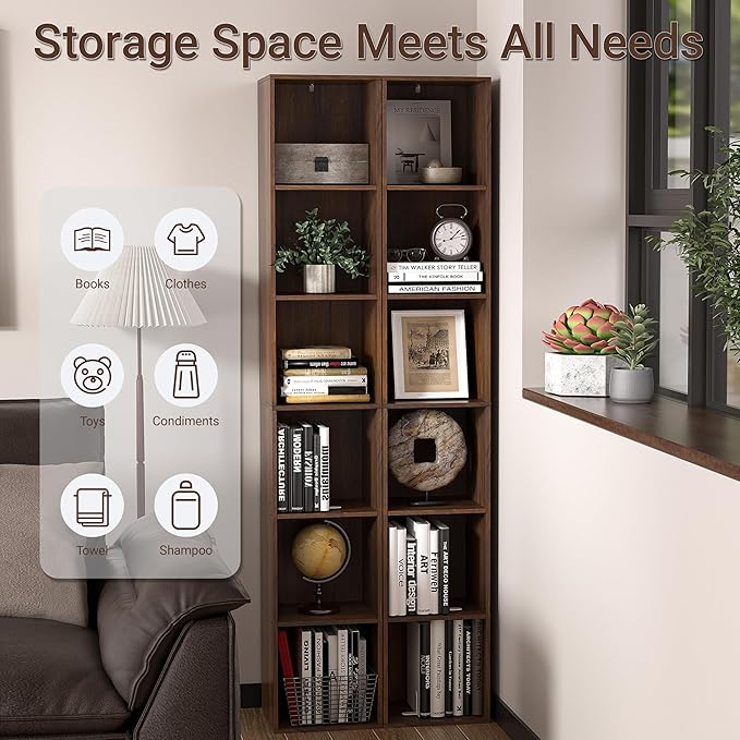 6 Cube Storage Organizer, Narrow Open Shelf Bookcase, Freestanding 6 Tier Low Display Bookshelf for Home Office, Living Room, Bedroom, Dark Brown & Black Walnut