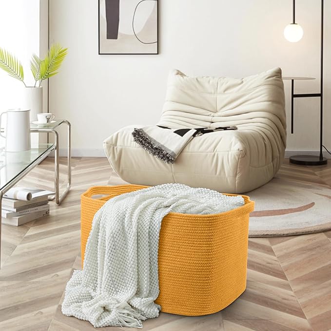 MEGASKET Extra Large Orange Storage Basket, 23.6" x 17" x 12" Rectangle Baskets for Organizing, Blanket Toy Bin Organizer, Colorful Woven Cotton Rope Baskets for Decor