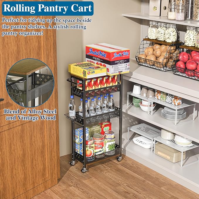 OKZEST Rolling Slim Storage Cart, 4-Tier Narrow Bathroom Organizers and Storage Cart, Metal Narrow Kitchen Laundry Room Organization Shelf with Wood Top, Slim Utility Cart with Wheels for Small Space