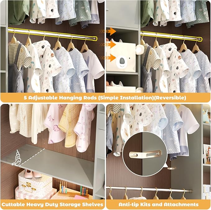 Besiost Closet System - 8FT Closet Organizer System with Wooden Drawers, 96" Closet Systems for Walk-In Closets with Cuttable Hanging Shelving, Green