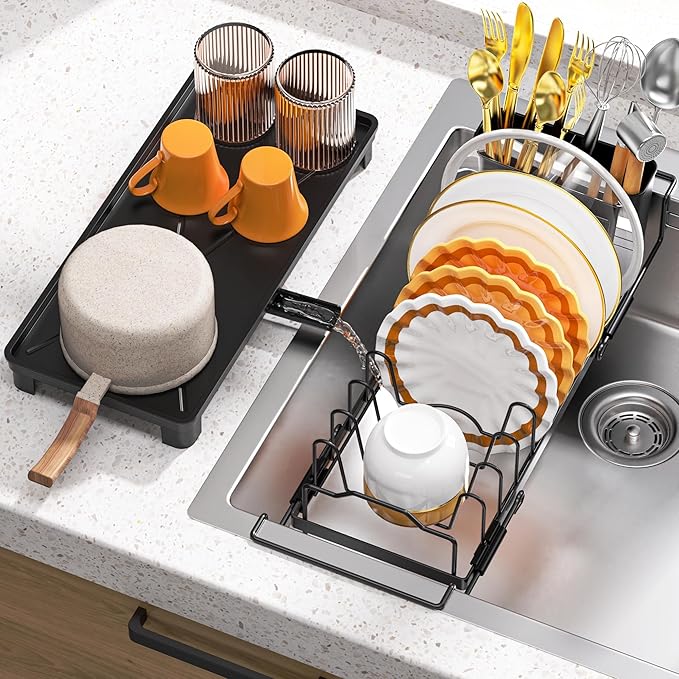 masadi Small Dish Drying Rack - Expandable Sink Dish Drying Rack Over Sinks with Drying Tray, Dish Drainer for Kitchen Counter with Adjustable Cutlery Holder, Space-Saving for Small Kitchens, Black