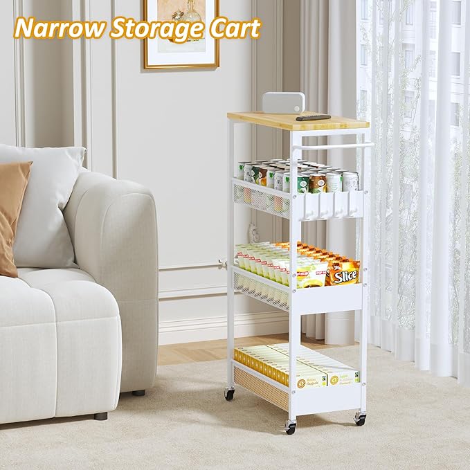 Vincona Slim Rolling Utility Cart, 4 Tier Metal Narrow Storage Cart with Handle and Wood Top, Multifunctional Small Mobile Shelf Unit Organizer Trolley for Laundry, Bathroom, Kitchen