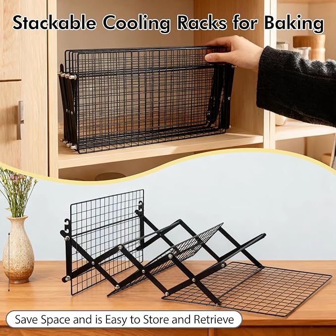 4 Tier Collapsible Cooling Rack - 3 Setting Adjustable & Stackable Stainless Steel Baking Rack, Stackable Cooling Racks for Baking, Cookies, Cakes, Roasting, Grilling, Drying, Space-Saving (Black)