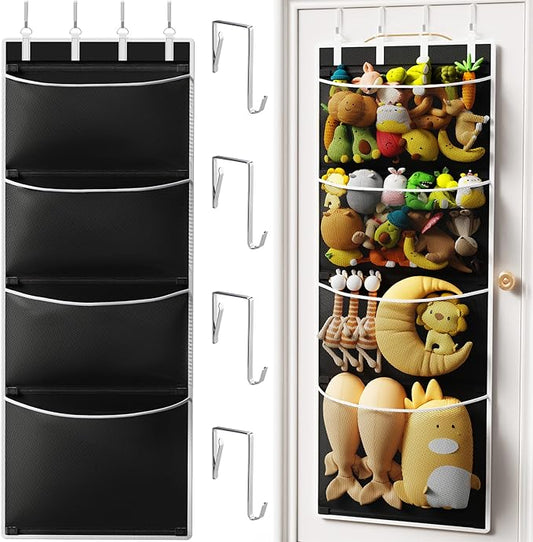 Criusia Over the Door Hanging Organizer, Extra-Large Door Storage Organizer with 4 Deep Mesh Pockets, Space-Saving Hanging Storage for Bedroom & Home Organization, Black