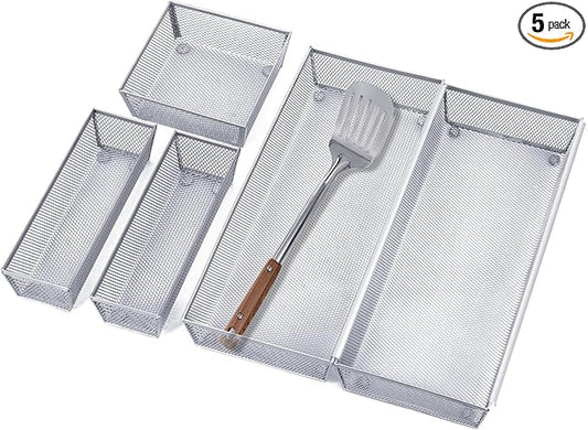 Neudeco Silverware Drawer Organizer,Utensil Organizer for Kitchen Drawer Organizer for Large Utensils with Interlocking Arm, Silverware Storage Cutlery Tray for Knives Fork Spoon (Pack 5, Silver)
