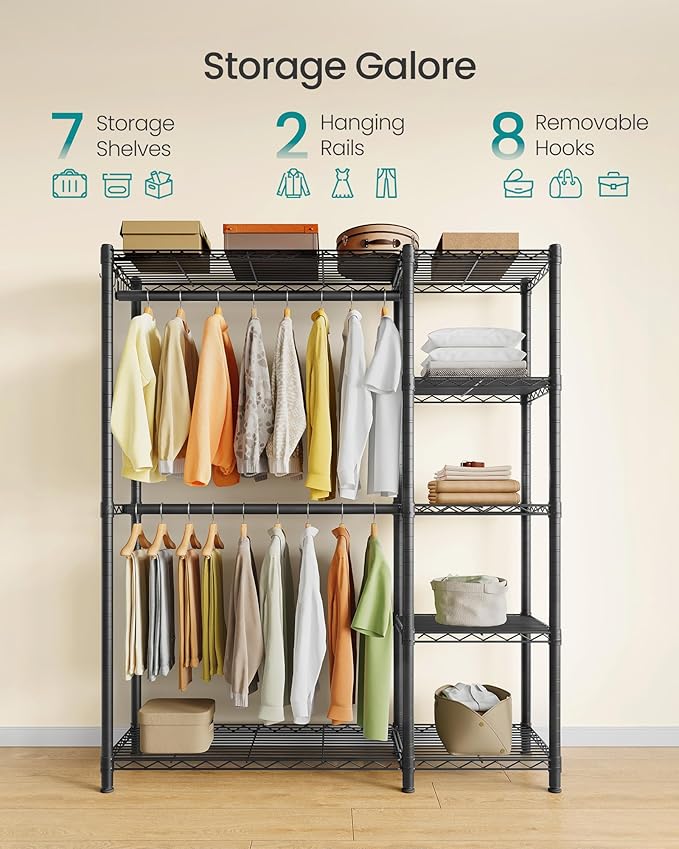 SONGMICS Clothing Rack, Heavy-Duty Garment Rack with Adjustable Storage Shelves and Hanging Rails, Hooks, Freestanding Portable Wardrobe Closet, Ink Black ULGR426BH01S