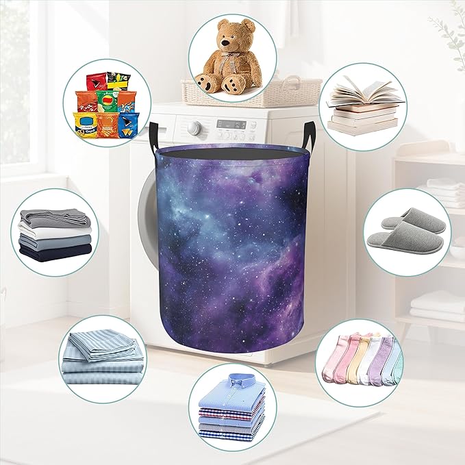 Purple Starry Sky Round Laundry Basket Collapsible Laundry Hamper with Handles Toys Clothes Organizer Bin For Home Bathroom Bedroom Dorm Nursery