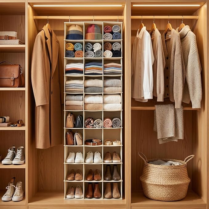coastal rose Hanging Shoe Organizer for Closet, 30 Sections Hanging Closet Organizers and Storage Shelves Space Saving Shoe Rack Holder, Beige, 17''W×11.5''Dx 48''H