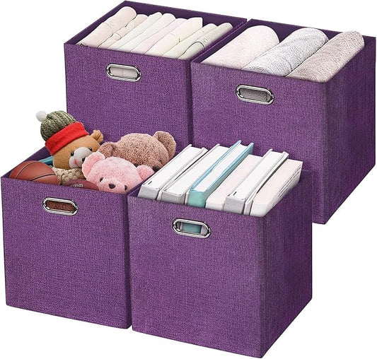 Posprica Storage Boxes, Foldable Organiser Cube Basket Bin, Thick and Heavy Duty (28×28×28cm/4pcs, Purple)