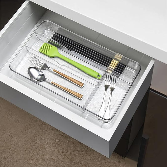 Lonian Multi-Purpose Drawer Organizer Tray, Clear PET Plastic Cutlery Utensil Divider, No-Slip Storage Box for Kitchen Drawer, Makeup, Bathroom, and Office Supplies