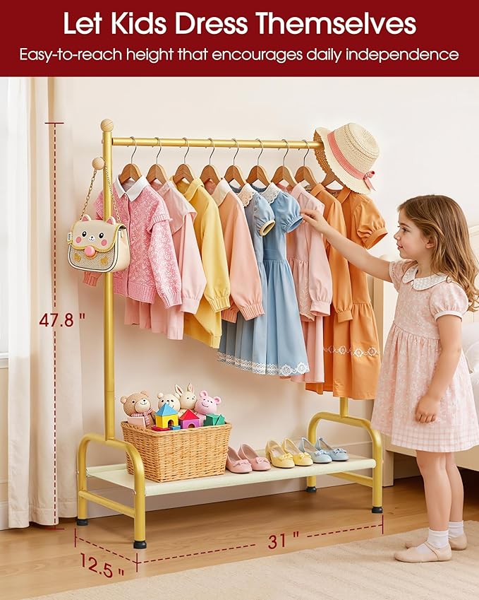 Sakugi Clothes Rack - Sturdy Metal Kids Clothing Rack with Bottom Storage Shelf & Adjustable Feet, Dress Up Storage for Toddler's Bedrooms, Nurseries, Playrooms, 31" x 12.5" x 47.8", Gold