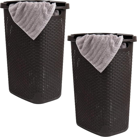Mind Reader Slim Laundry Hamper with Lid, 60L Tall Clothes Basket, Narrow Tapered Design for Bathrooms, Closets and Laundry Rooms, Plastic, 2 Pack, Brown